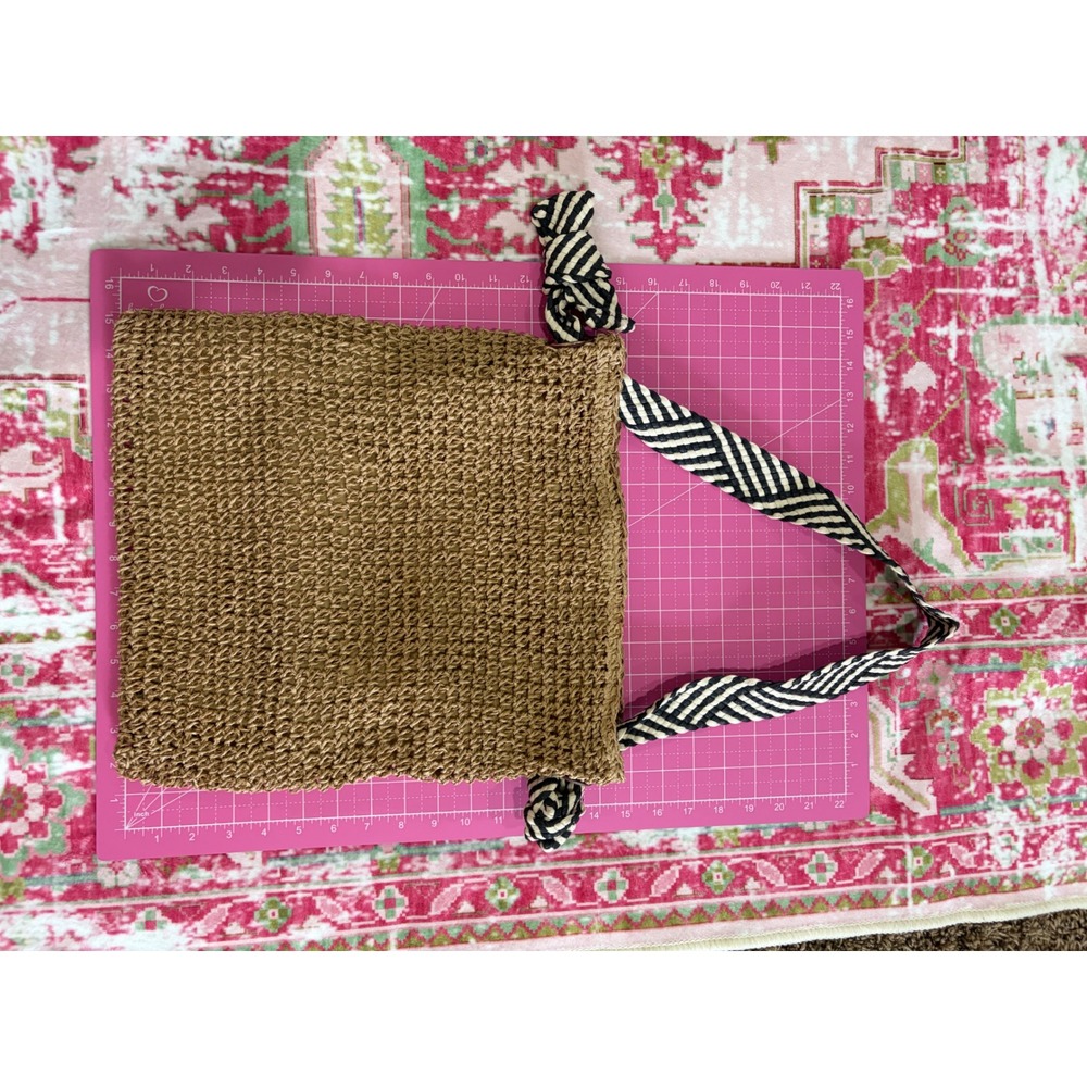 Woven Straw Tote Bag Tan Brown Striped Knotted Strap Boho Beach Shoulder Bag - Picture 6 of 6
